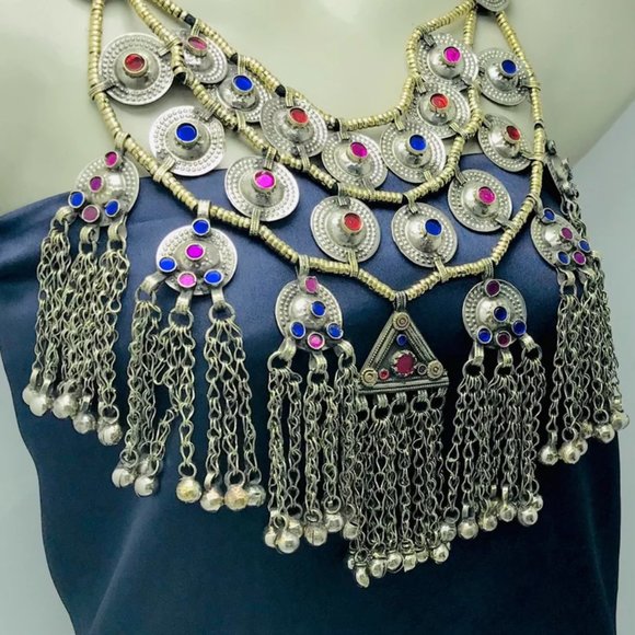 Handmade Jewelry Set, Vintage Choker Necklace With Long Bells and Dangle Earring - Picture 3 of 8